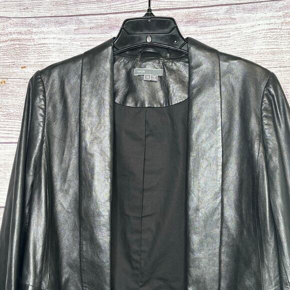 Vince. Women's Black 100% Leather Shawl Collar Tuxedo Open Front Jacket Size 10 - Picture 5 of 12